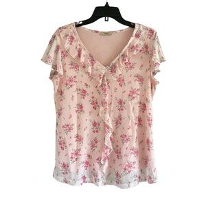 Timeson Floral Ruffle V-neck Pink and Green Size Medium Short Sleeve Blouse